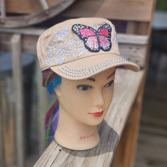 Ladies Khaki Butterfly BLING Hat NEW - Picture 2 of 4